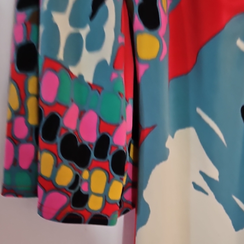 Evan Picone Multicolor Floral Print V-Neck Dress - Coral, Teal, Black, White - Picture 3 of 5